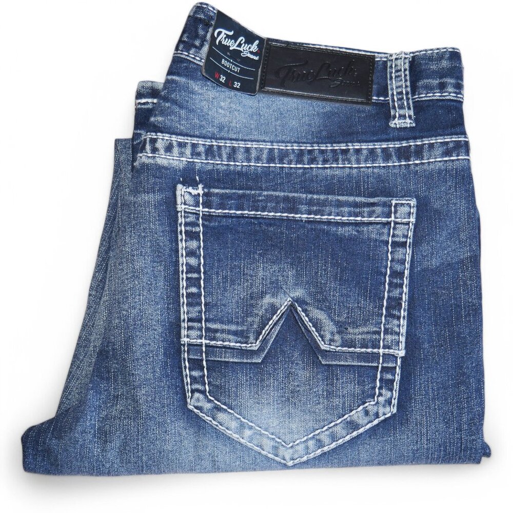 True Luck Bootcut Jeans Men's Size 32x32 Dark Wash Denim Thick Stitch BKE NWT